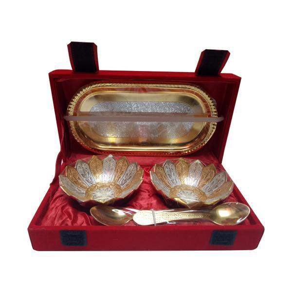 Golden Round Brass Bowl Set With Box, For Gift img