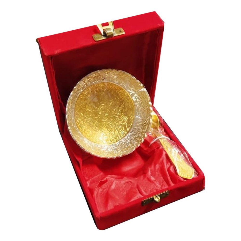 Round Golden Brass Bowl Spoon Set, For Gift img