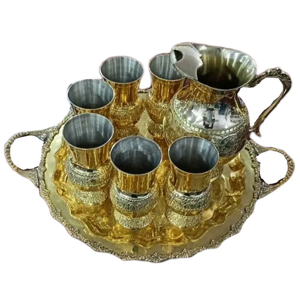 Golden Brass Jug Glass Tray Set, For Hotel