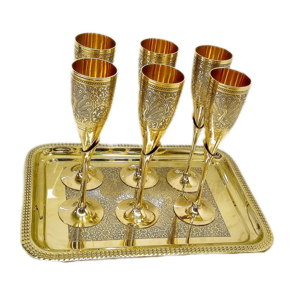 Polish Golden Brass Goblets Set, Shape: Round, Size: 9 Inch img