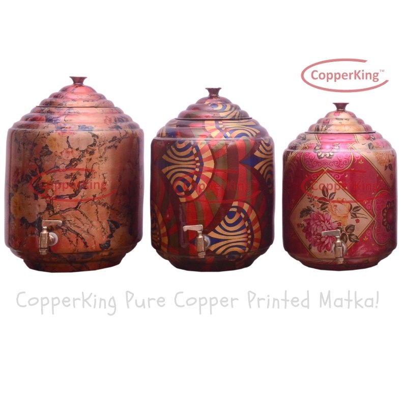 Round Copper King Pure Copper Printed Water Pot Matka, For Home, Capacity: 10 L