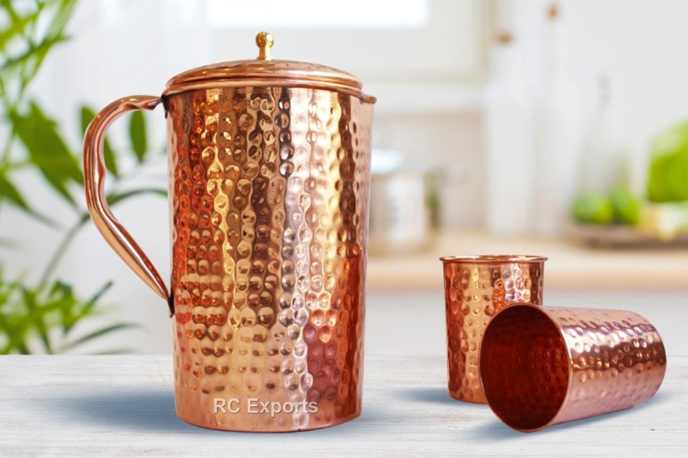 Round Copper Hammered Jug And Glass Set, Capacity: 2 Ltr, Size: 10 X 4 Inch (h X Dia) img