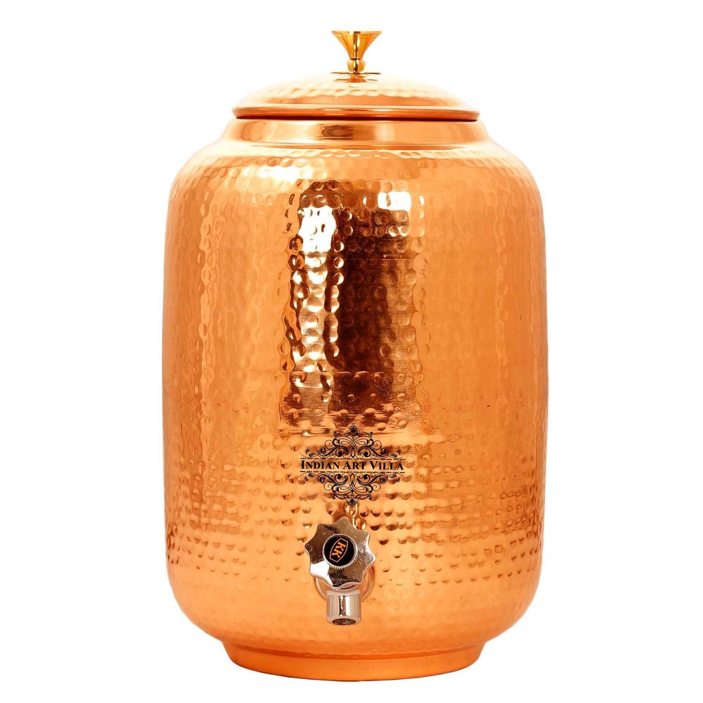 Indian Art Villa Copper Hammered Design Water Pot With Brass Knob Lid - 18000ml
