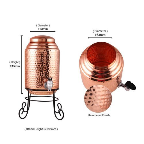 Hammered Copper Water Dispenser Container Pot Tank (Matka) With Stand, Size: 13 Inc 8 Inc, Capacity: 5 Lit
