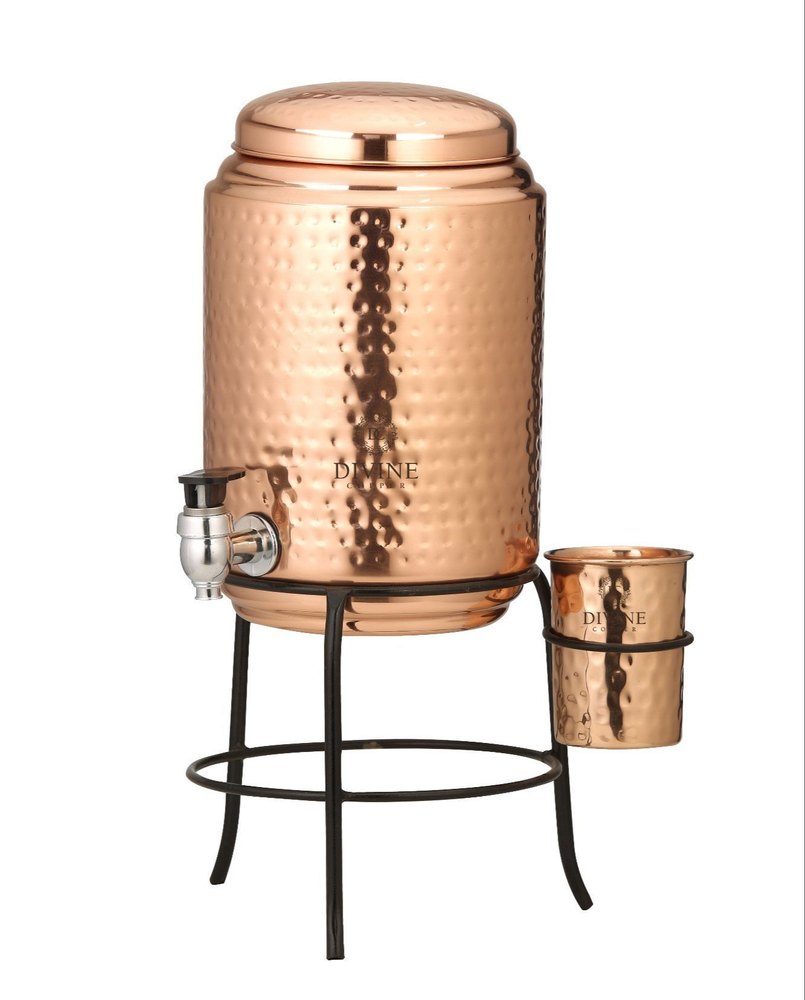 Brown Hammered DC-449 Copper Water Dispenser With Stand And Glass, For Hotel, Capacity: 4.5 Ltr