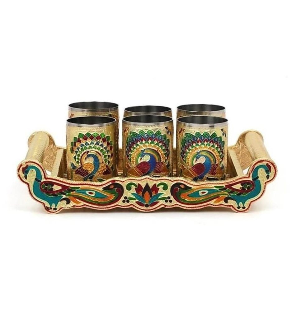 Peacock Stainless Steel Meenakari Tray Glass Set, For Home Hotel and Restaurant, Glossy