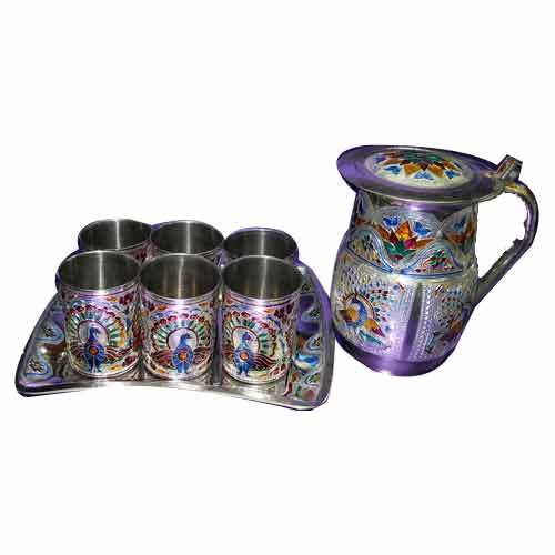 6 Glass, 1 Jug And 1 Tray Stainless Steel SS Meenakari Lemon Set, For Household img