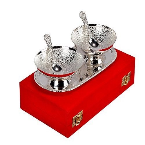 Srijankala Round German Silver Bowl Set With Spoon For Wedding Gift img