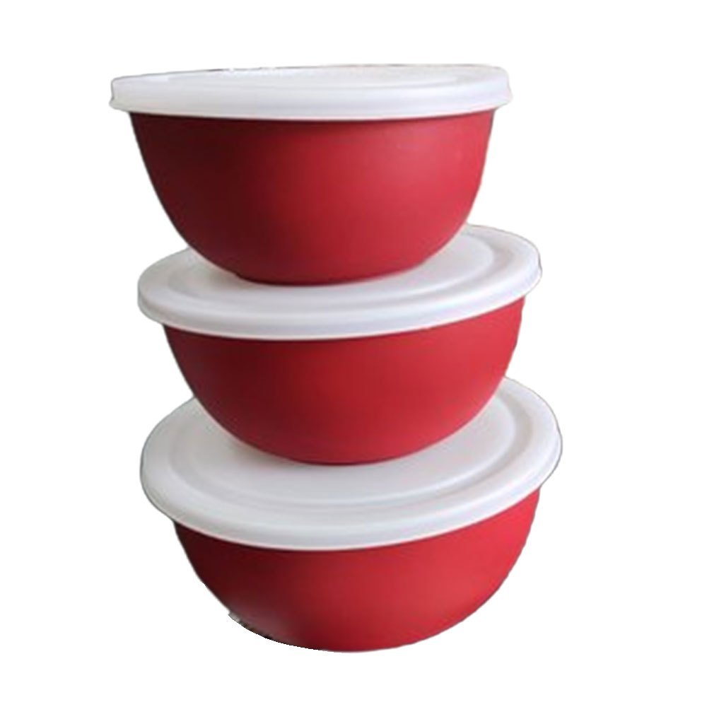 Steel and Plastic Red Food Serving Lid Bowl For Home, Set Contains: 3