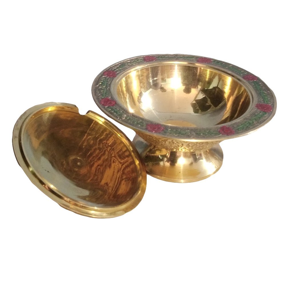 Round Golden, Pink And Green Decorative Brass Candy Bowl