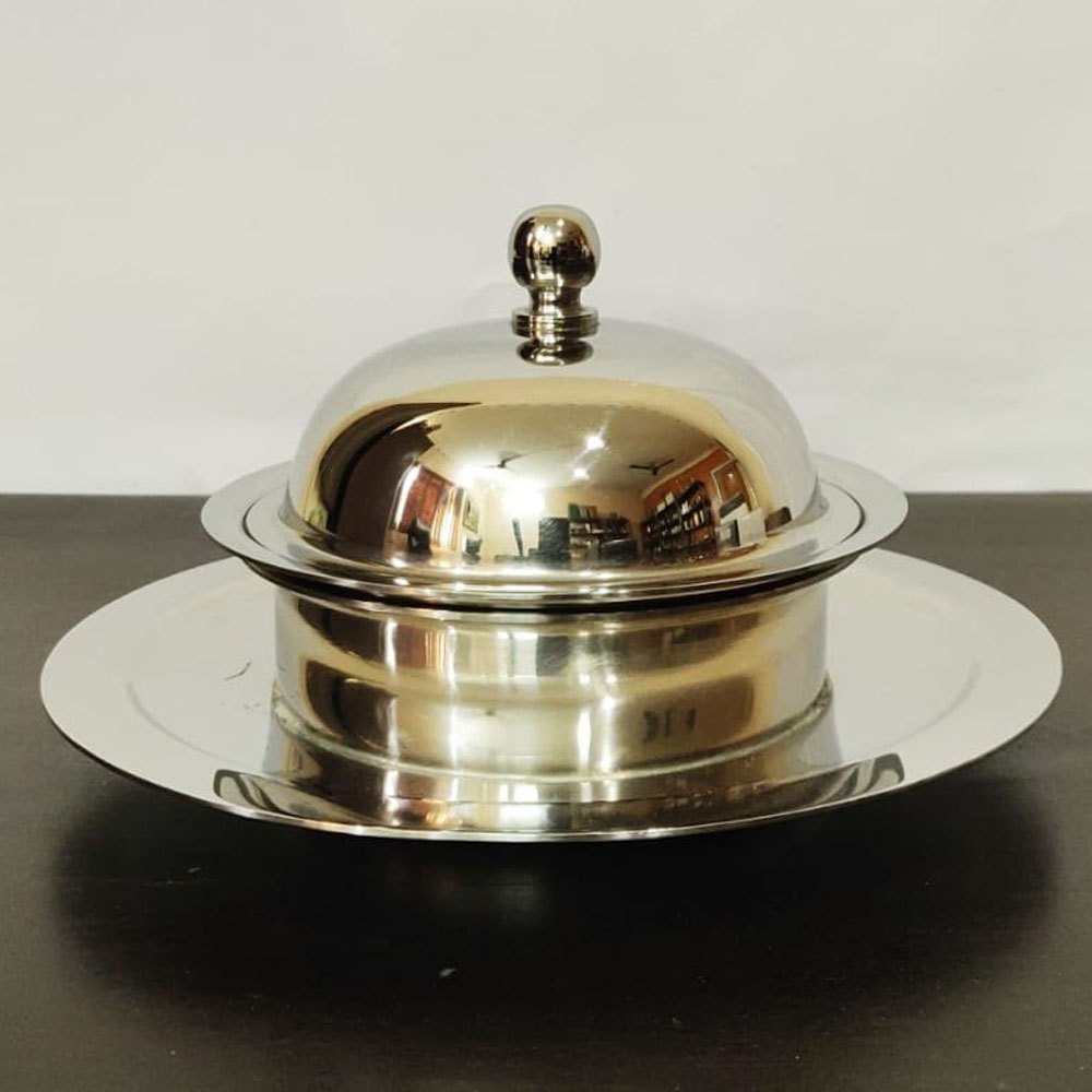 Silver Stainless Steel Butter Dish, Round