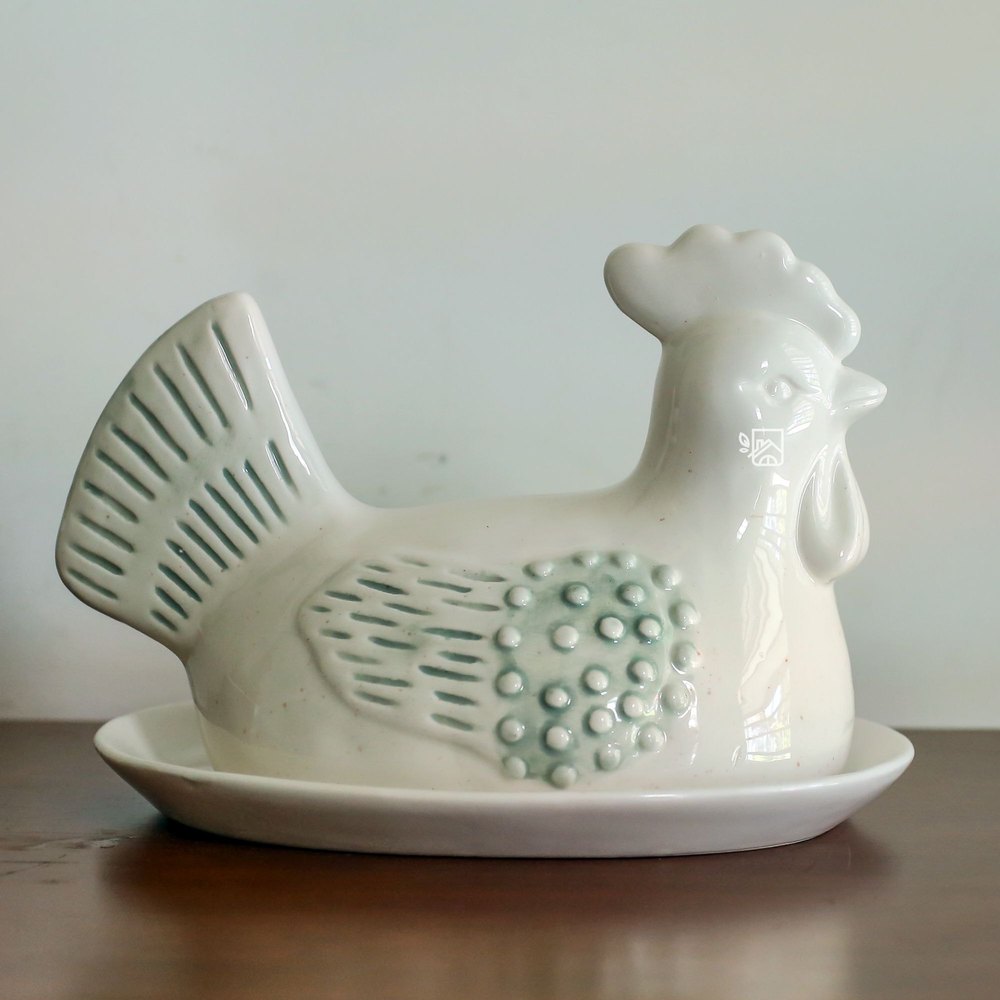 Ceramic White Rooster Butter Dish