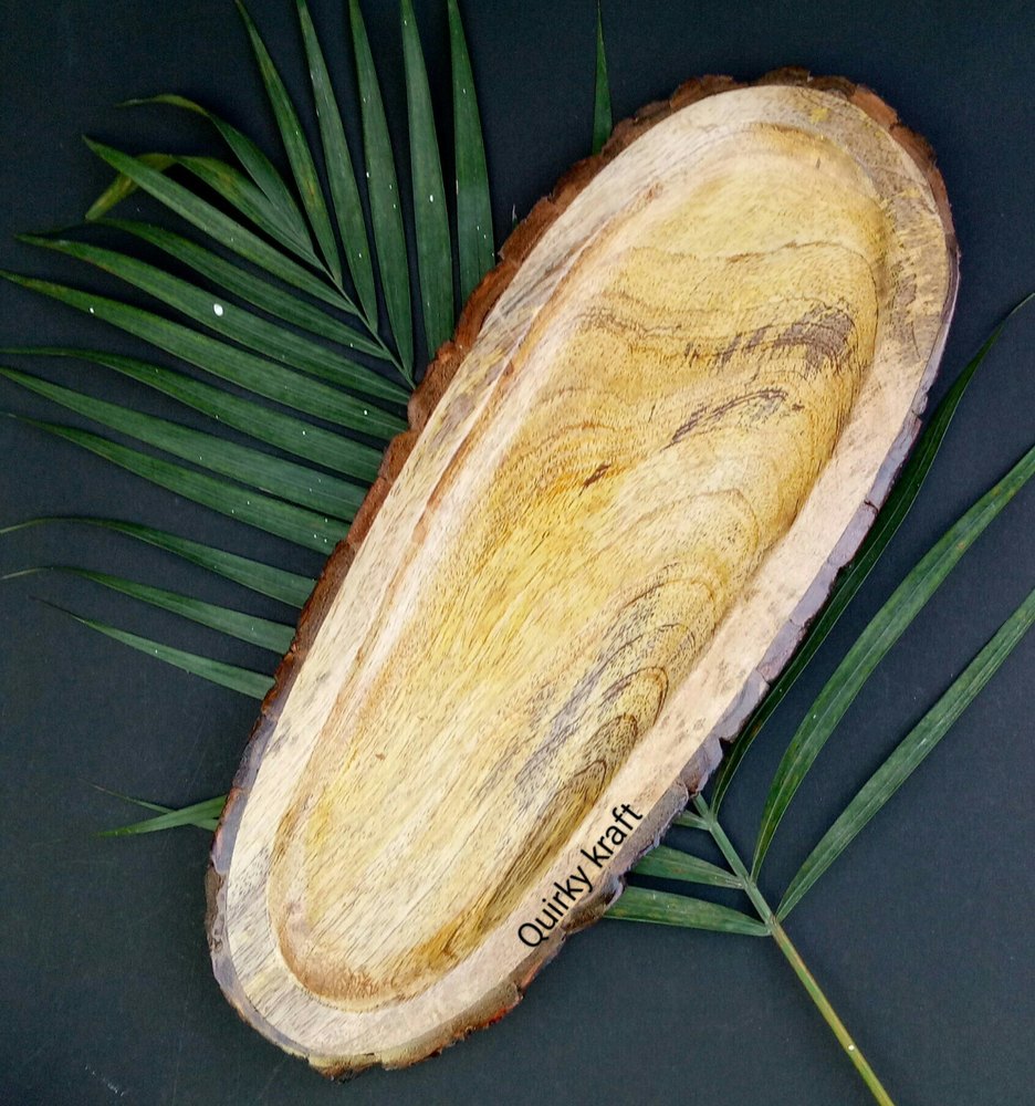 Brown Oval Serving Wooden Bark Papaya Shape Platter, Size: Size In cm : 40 X 16 X 2.5