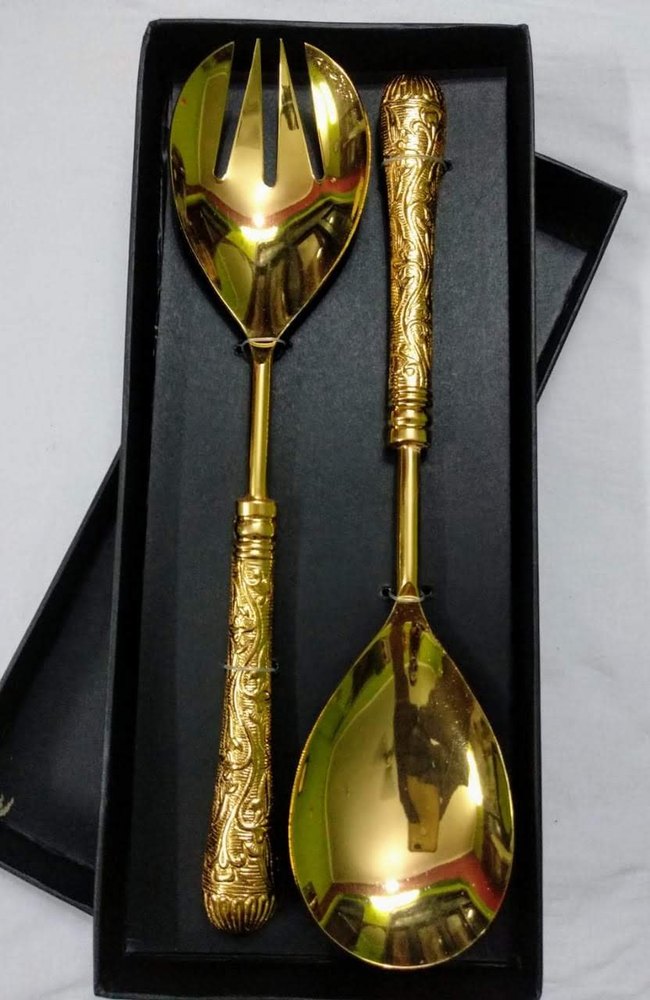 2 Pieces Aluminum Gold Plated Salad Server Set For Restaurant