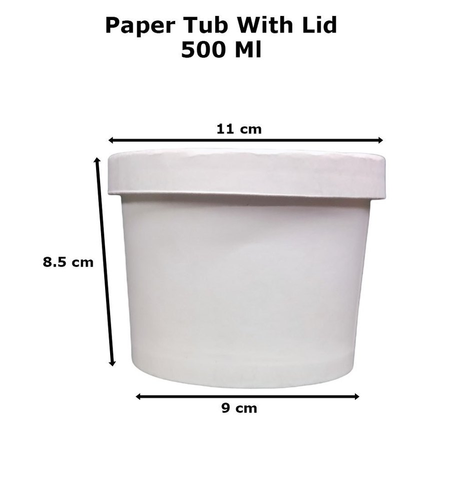 Plain 500ml White Paper Tub With Lid, Thickness: 2mm, Size: 8.5cm (height) img