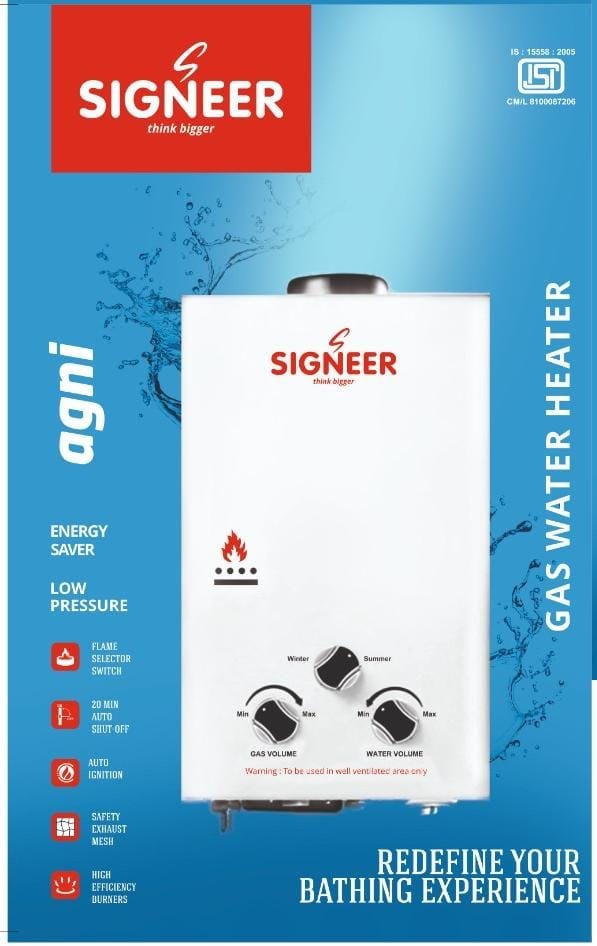 SIGNEER Capacity: 10 L Gas Water Geyser, White, Model Name/Number: Agni img