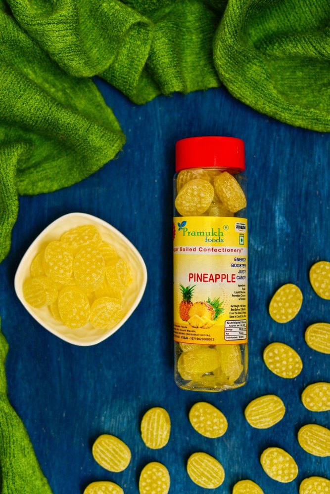 Yellow Round Pramukh Foods Pineapple Candy, Packaging Type: Plastic Jar, Packaging Size: 120 Grams